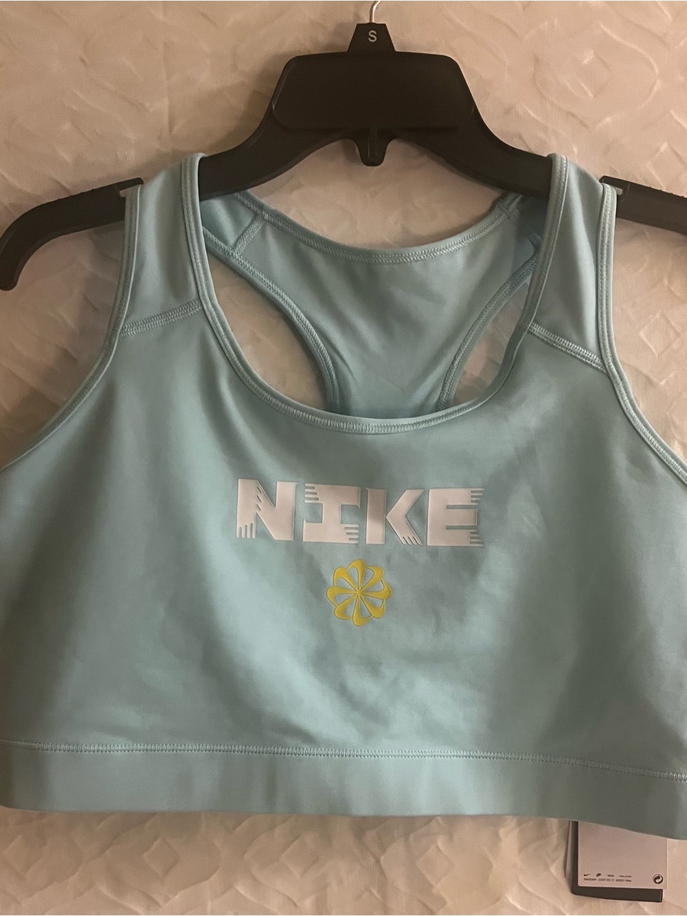 Nike Light Blue Racerback Sports Bra with Yellow Logo